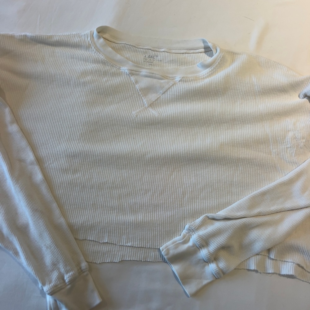 J Galt Brandy Melville White Waffle Knit Cropped Thermal Top Raw Hem OS